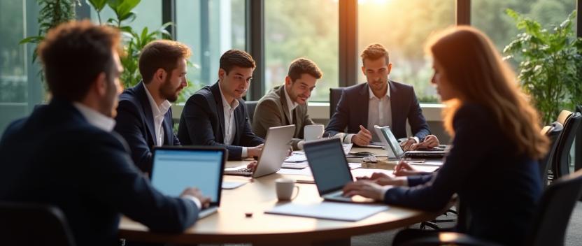 Clients collaborating with lawyers in a meeting room